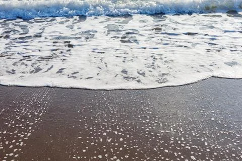 Foamy wave rolling onto dark sandy shore Stock Photos