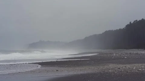 Foamy waves hitting the coast on a rainy day. West Coast landscape, New Zeala Stock Footage 290968094