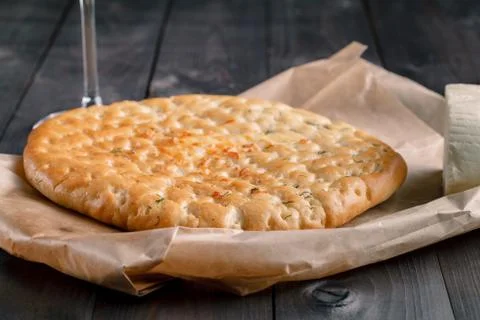 Focaccia bread on table Stock Photos