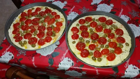 Focaccia con le olive verdi, ready to cook. Italian food Stock Footage 151889072