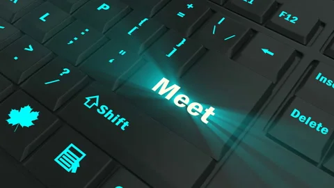 Focus on the blue glowing Meet button Stock Footage 100684254