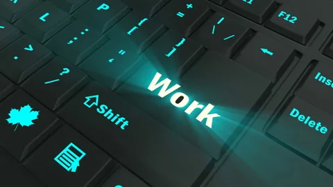 Focus on the blue glowing Work button Stock Footage 100681529