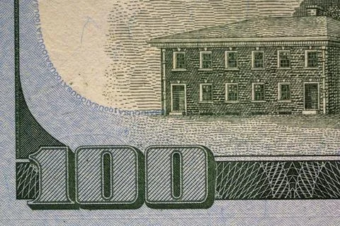 Focus on a building from a banknote featuring a hundred denomination Stock Illustration