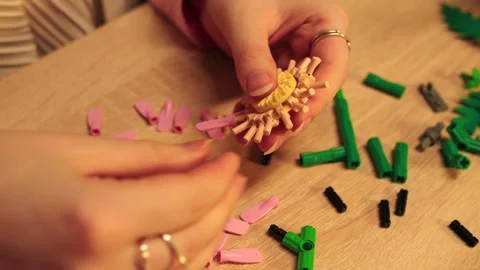 Focus on caucasian hands meticulously arranging pink and green elements Stock Footage 335780285