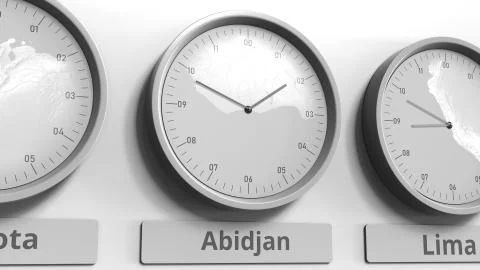 Focus on the clock showing Abidjan, Ivory Coast time. Conceptual 3D rendering Stockillustratie