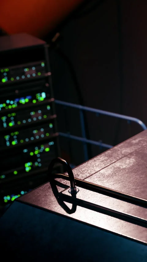 Focus on a computer server setup and a shadow on a work surface Stock Footage 341041380