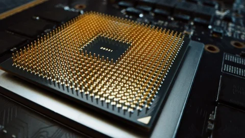 Focus on a CPU Processor Socket. Printed Circuit Board / Computer Motherboard Stock Footage 120930255