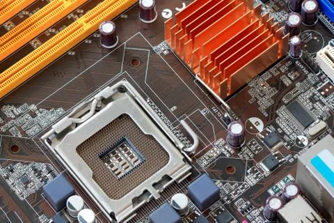 Focus CPU socket on motherboard of computer. Stock Photos