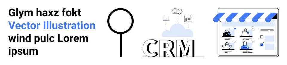 Focus on CRM cloud connection, magnifying glass, and e-commerce storefront in Stockillustratie