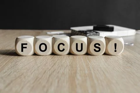 Focus. Cubes form the word Focus. Foto stock
