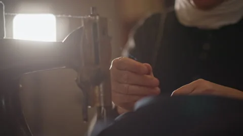 Focus on delicate sewing machine maintenance. Precise restoration of retro Stock Footage 346549702