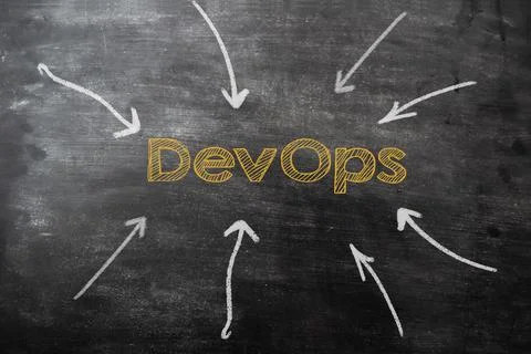 Focus on Dev Ops. Arrows indicate the importance of the text on the chalkboar Stock Photos