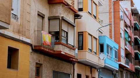 Focus on different buildings next to each other in a Spanish destination Stock Photos