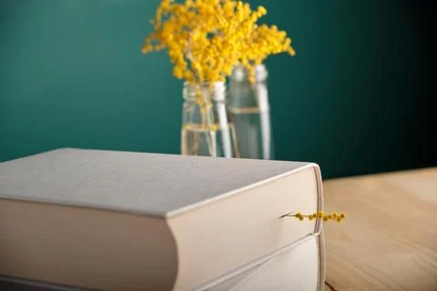 Focus on the edging of a thick hardback book with cream pages contrasting wit Fotos Stock