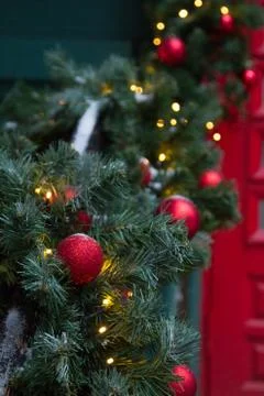 Focus on elegant winter tree outside house near red front door Stock Photos