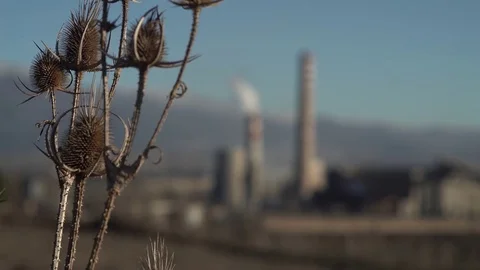 Focus on Factory Heating Chimneys 4K Stock Footage 71770929