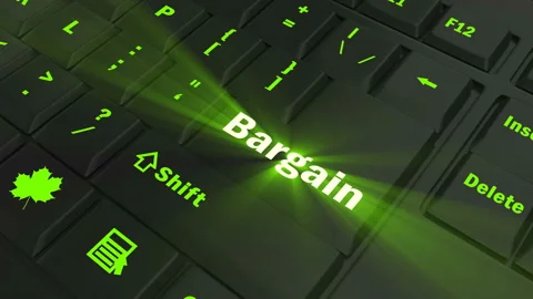 Focus on the green glowing Bargain button Stock Footage 100686894