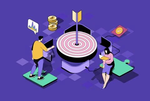 Focus group concept in 3d isometric design. Marketing team study audience and Stock Illustration