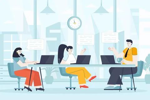 Focus group concept in flat design. Man and women communicate in office scene Stock Illustration