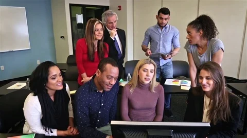 Focus Group Discussing As Team with CEO in Office Meeting at Flatscreen Monitor Stock Footage 80165638