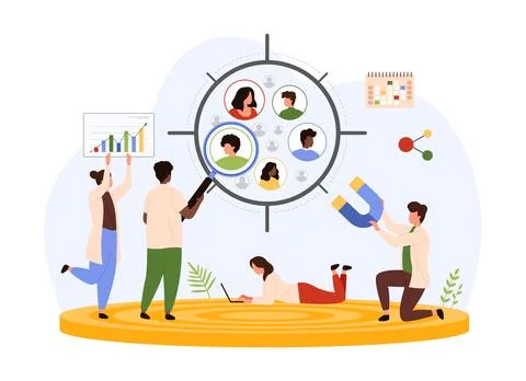Focus group marketing research, tiny people look through magnifying glass to イラスト素材