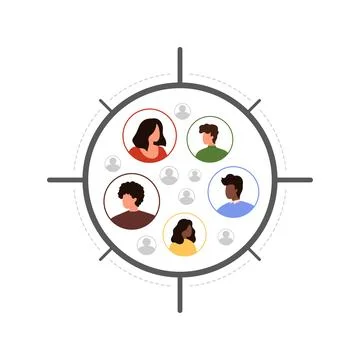 Focus group research and analysis of audience, customers in aim circle Stock Illustration