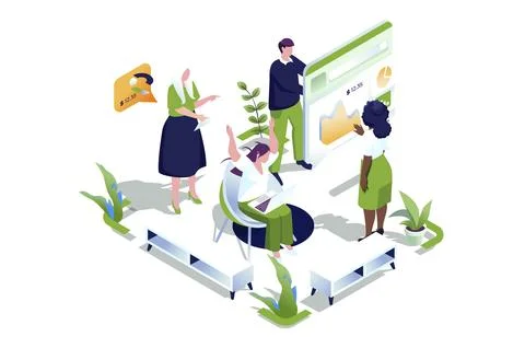 Focus group web concept in 3d isometric design. People doing consumer researc Stock Photos