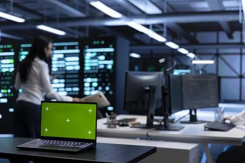 Focus on isolated screen laptop in data center facility managing rackmounts 스톡 사진