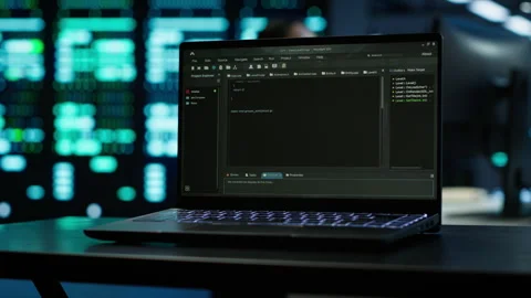 Focus on laptop used by engineers coding in modern data center Stock Footage 280802217