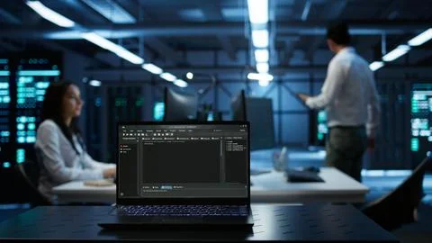 Focus on laptop used by engineers coding in modern data center 스톡 사진