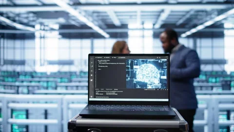 Focus on laptop used by server farm technicians Stock Footage 277653121