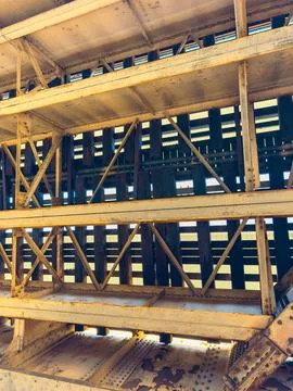 Focus on a large storage structure built with metal and wood. The design show 库存照片