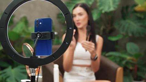 Focus light ring with phone camera live streaming two beauty blogger. Blithe Video stock 274744224