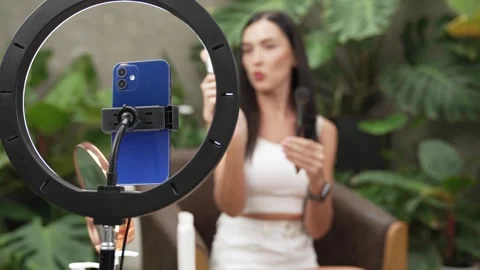 Focus light ring with phone camera live streaming two beauty blogger. Blithe Video stock 278007342
