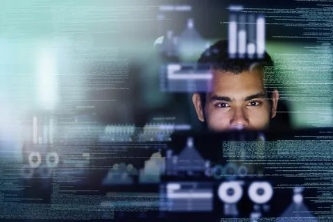 Focus, man and programmer with hologram, code and futuristic with cyber security Stock Photos