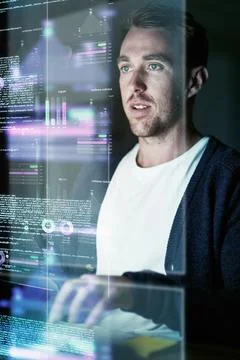 Focus, man and programmer with hologram, cyber security and futuristic with Stock Photos