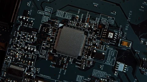 Focus on Microchip, CPU Processor. Printed Circuit Board, Computer Motherboard Stock Footage 120930512