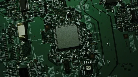 Focus on Microchip, CPU Processor. Printed Circuit Board, Computer Motherboard Stock Footage 120930626