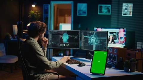 Focus on mockup tablet next to programmer updating artificial intelligence 스톡 사진