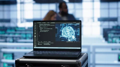 Focus on notebook used by engineers in server hub in blurry background Stock Footage 277644514