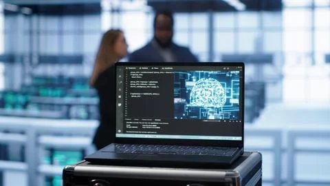 Focus on notebook used by engineers in server hub in blurry background 写真素材