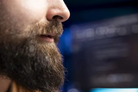 Focus on programmer writing lines of code on PC in blurry background, close up Stock Photos