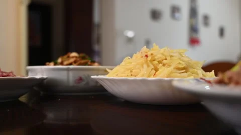Focus Pull Across Colorful Taiwanese Home Cooked Dishes Stock Footage 346488637
