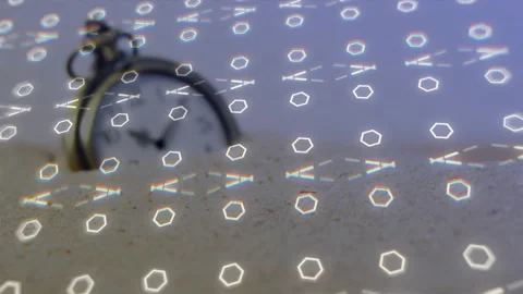 Focus pull antique pocket watch surfacing through sand while diffraction Vidéo 328584436