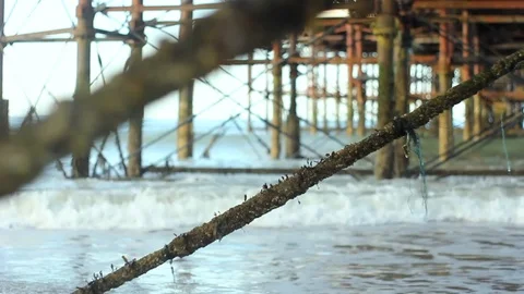 Focus Pull Between Steel Supports Beneath Pier Covered in Seaweed with Waves Vídeo Stock 94630401