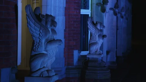 Focus pull to Griffin Gargoyles at night with flashing coloured lights Stock Footage 104449957