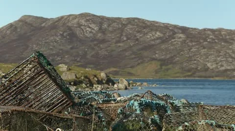 Focus Pull from lobster pot to mountain. Video stock 11845528