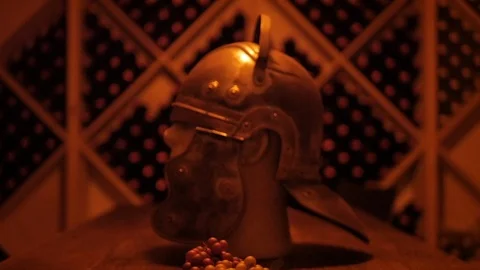 Focus Pull of Medieval Armored Helmet on Table to Wine Cellar Video stock 122230121