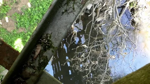 Focus pull: View through the damaged floor of an abandoned railway bridge. Stock Footage 76767559