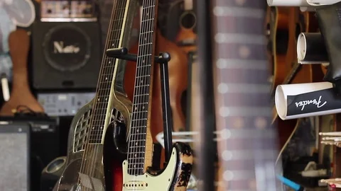 Focus Pull Vintage Fender Guitars Stock Footage 75440294
